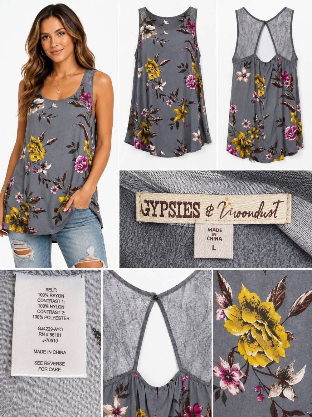 Gypsies & Moondust L Gray Floral Lace Back Tank Tunic